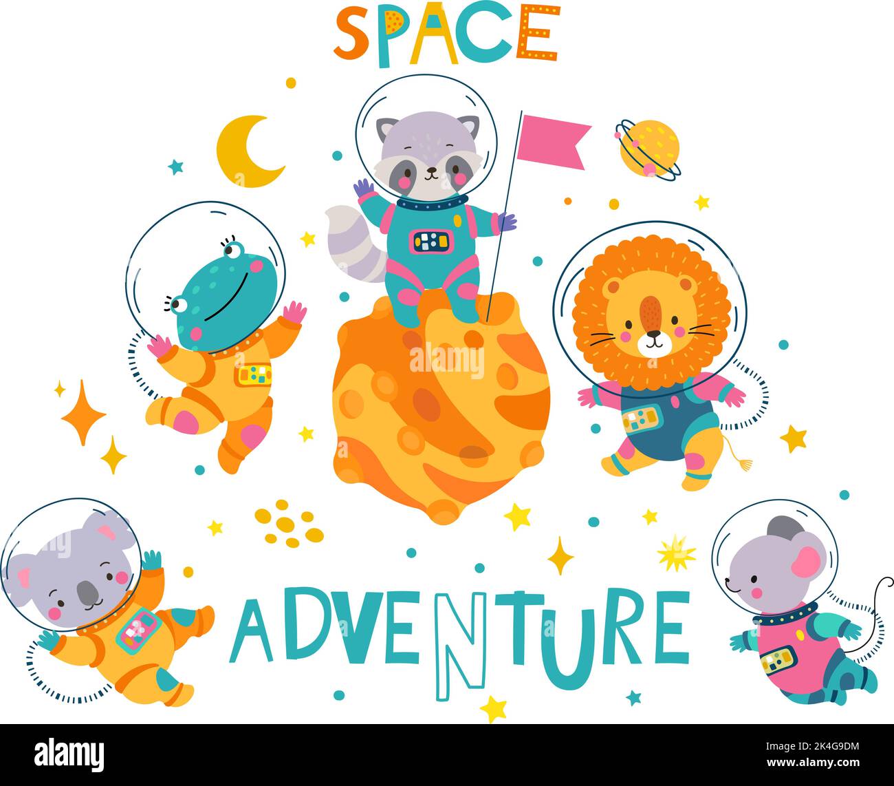 Space adventure animals children print, astronauts in suits. Funny lion and koala flying with planets and stars. Cute childish nowaday vector Stock Vector