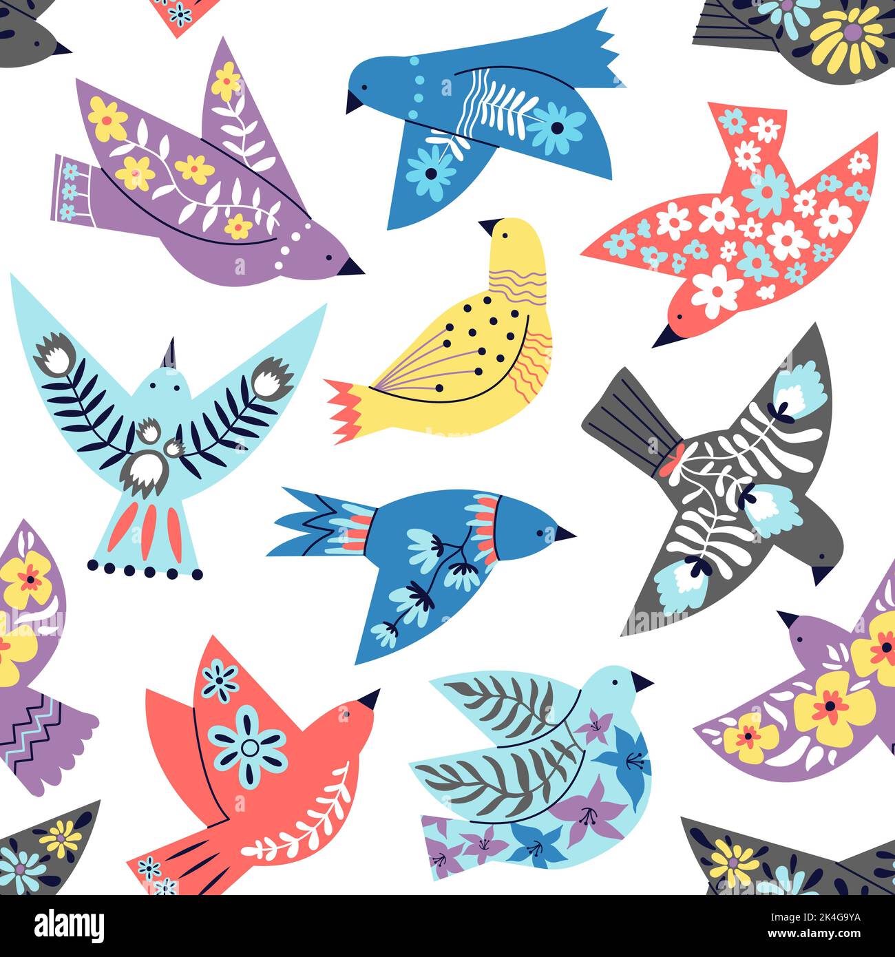 Birds seamless pattern. Ethnic folk abstract flying bird wallpaper. Decorative flat dove or seagull, scandinavian floral decent vector fabric print. I Stock Vector