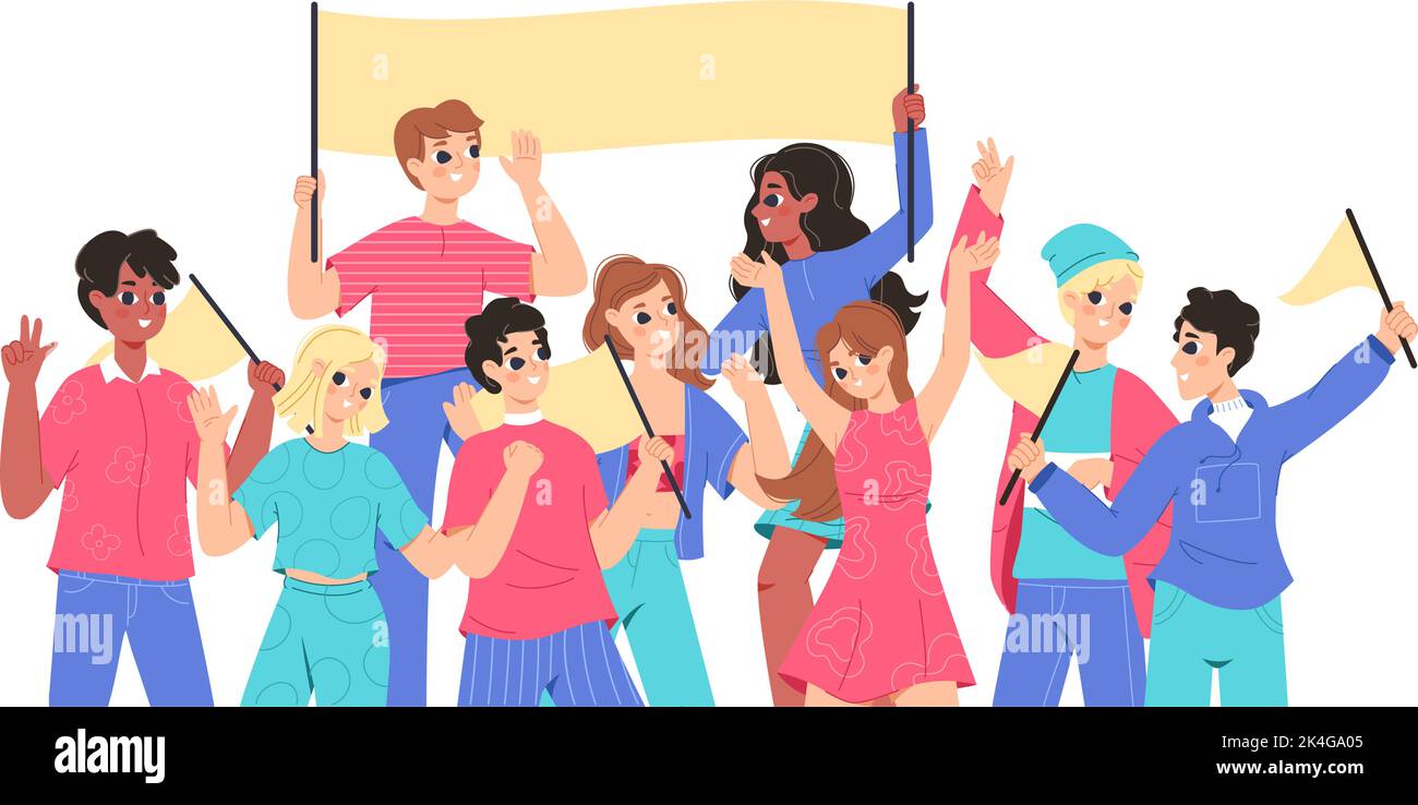 Happy support group young people. Teens team portrait, positive youth together. Fan club or demonstration students with flags and banner, snugly vecto Stock Vector