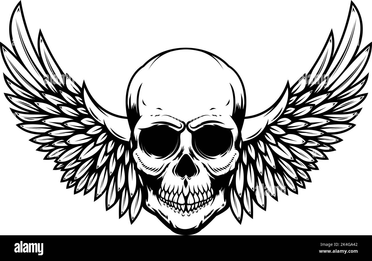 Winged skull . Design element for emblem, sign, badge, logo. Vector
