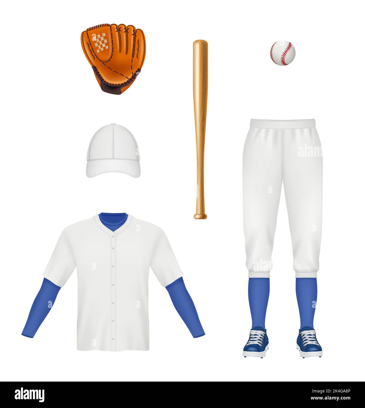 Baseball tools. Equipment and clothes for sportsmen gloves bat cap