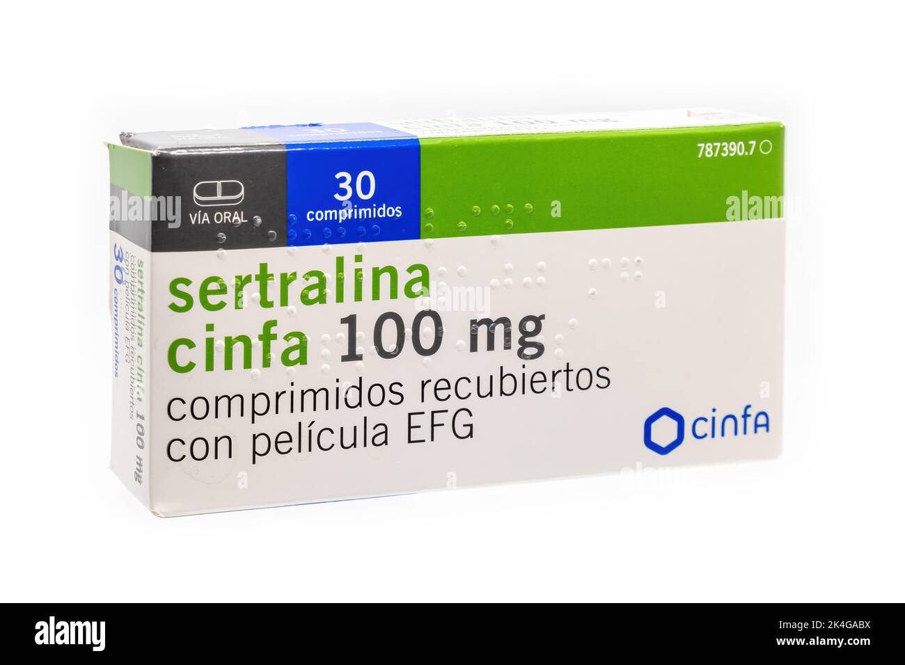 Huelva, Spain - October 2, 2022:  A Spanish box of Sertraline from Cinfa lab. It is an antidepressant of the selective serotonin reuptake inhibitor (S Stock Photo