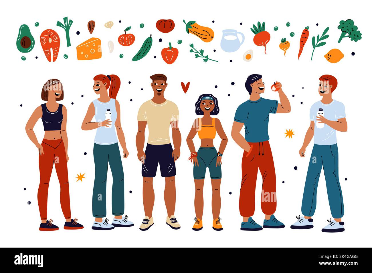 Cartoon athletic people. Diet nutrition. Happy characters. Healthy food