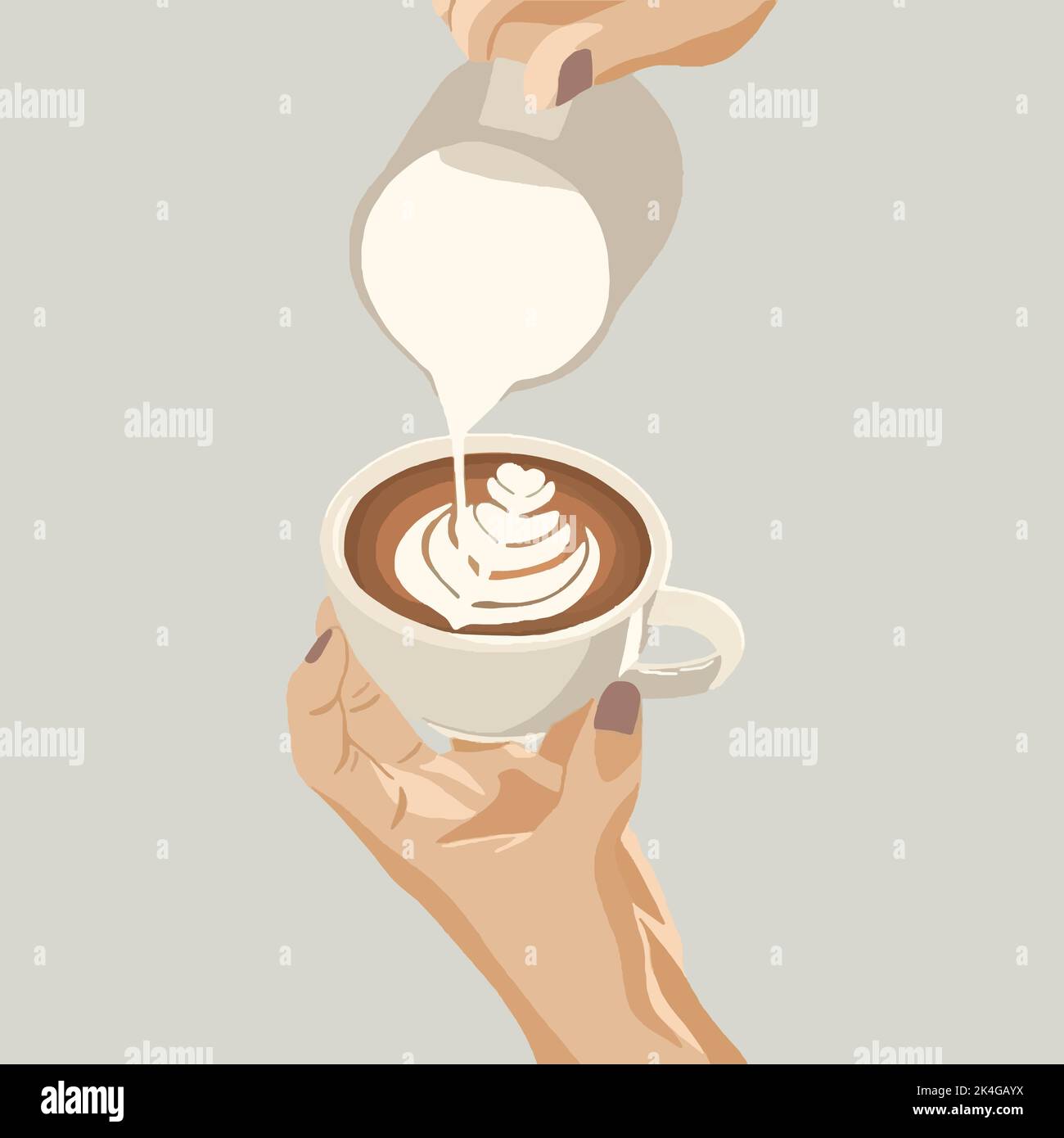 Hand of barista making latte or cappuccino coffee pouring milk making latte art. Vector illustration Stock Vector