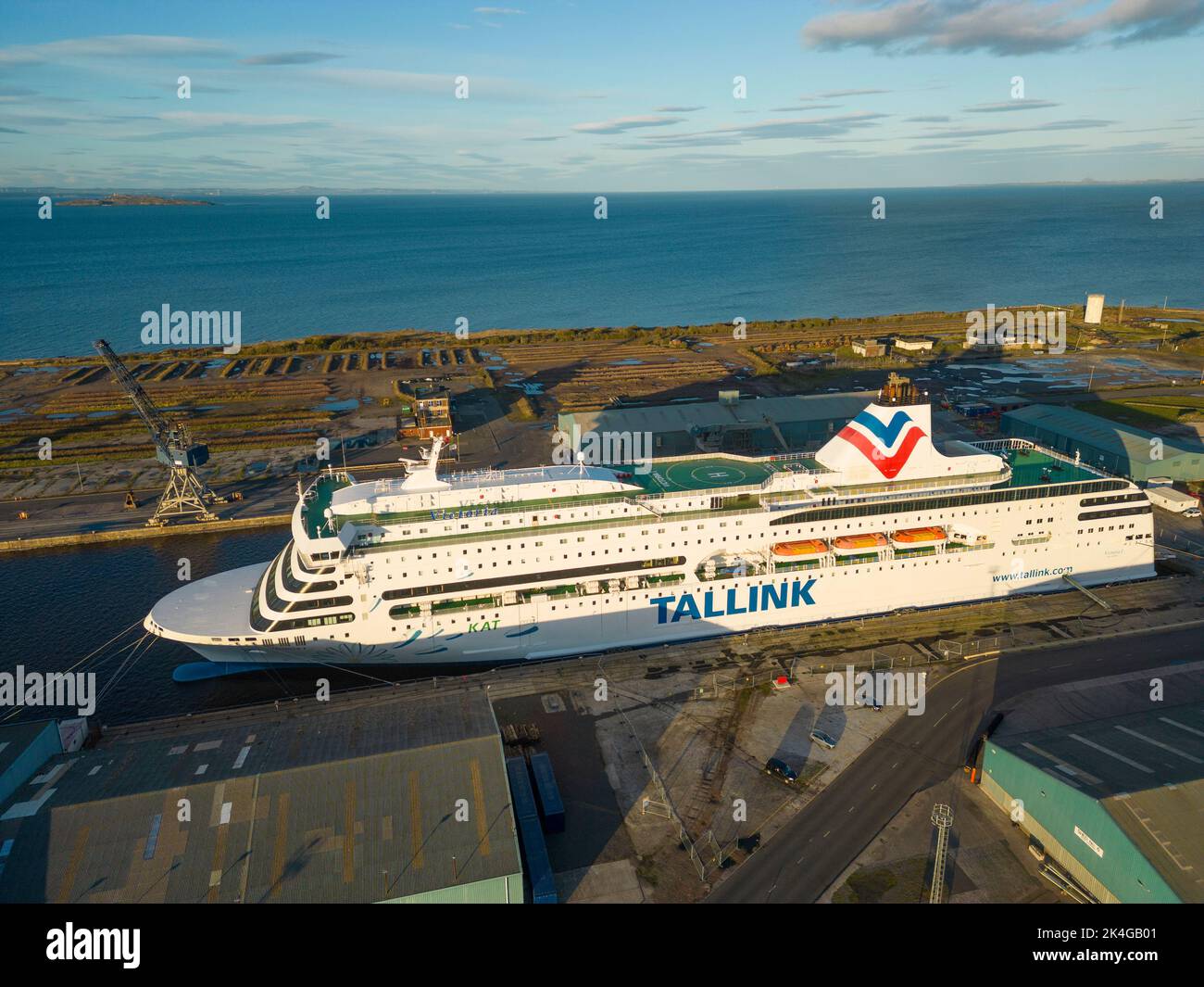 Aerial view of Tallink ferry Victoria berthed at Port of Leith, Edinburgh, Scotland, UK Stock Photo