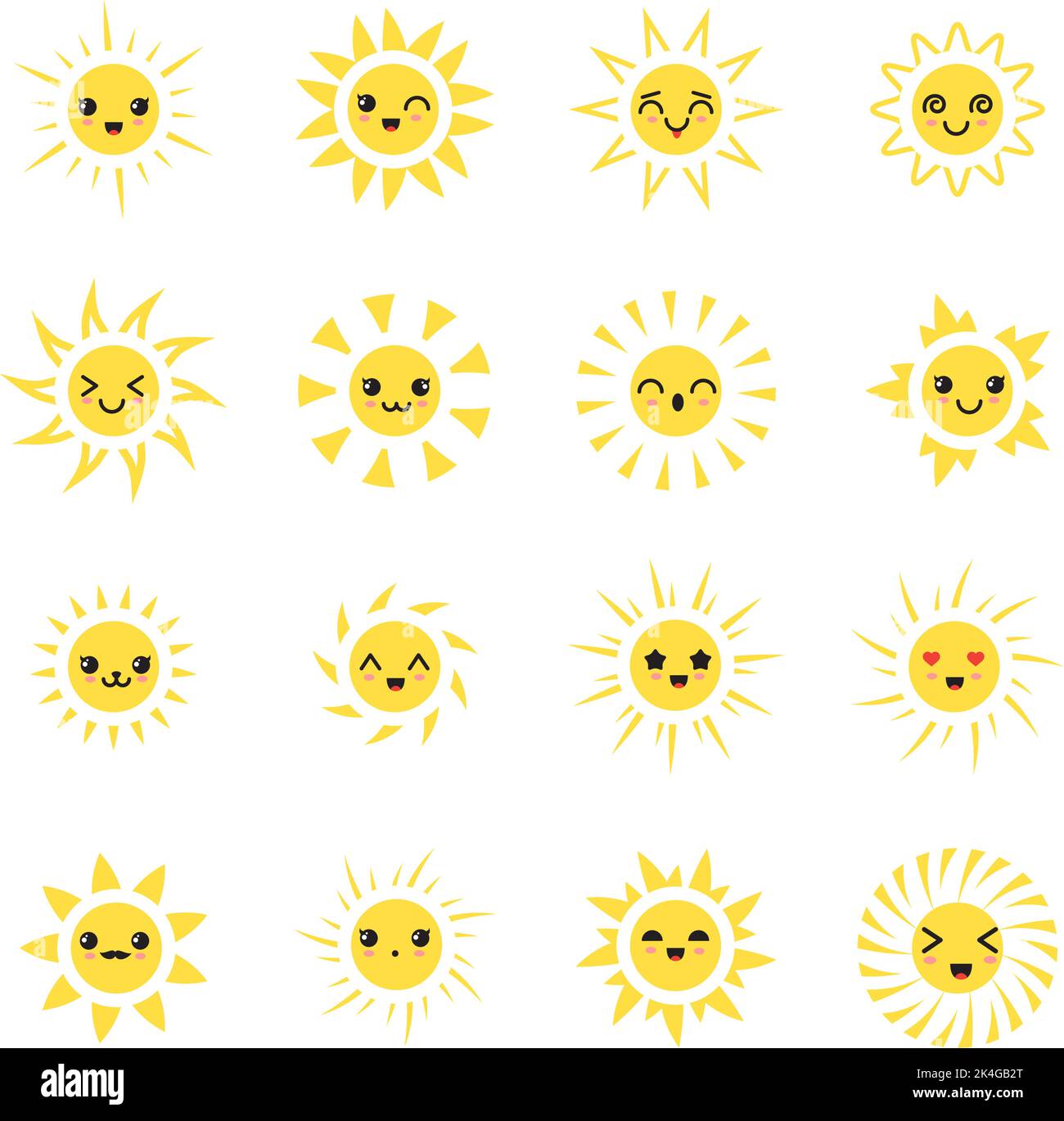 Sun characters. Cartoon suns design, emoji happy expressions, cute sunkids emotions, sunshine heads, energy faces. Illustration of character sun emoji Stock Vector
