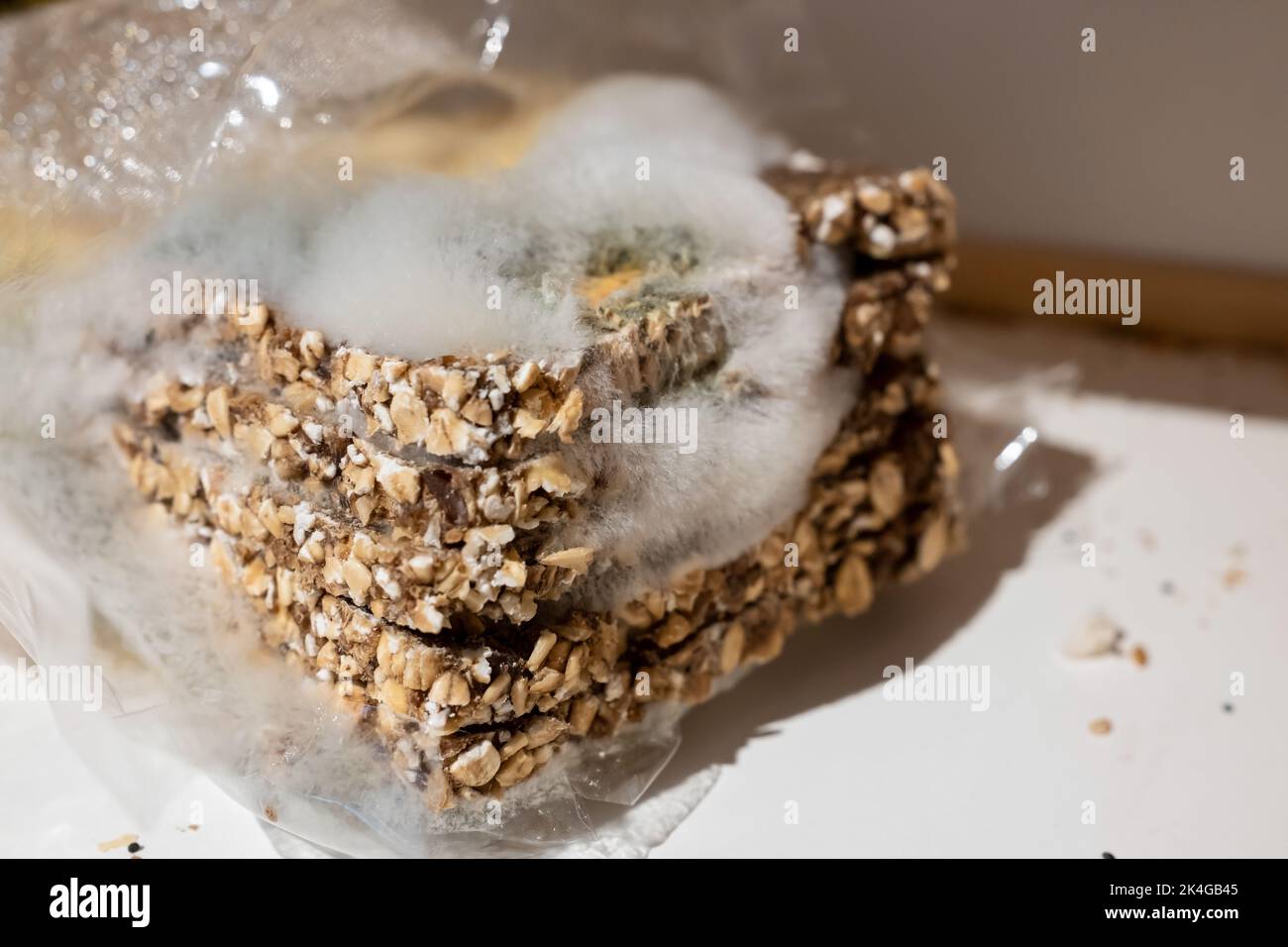 old moldy sliced bread lies in a bag Stock Photo