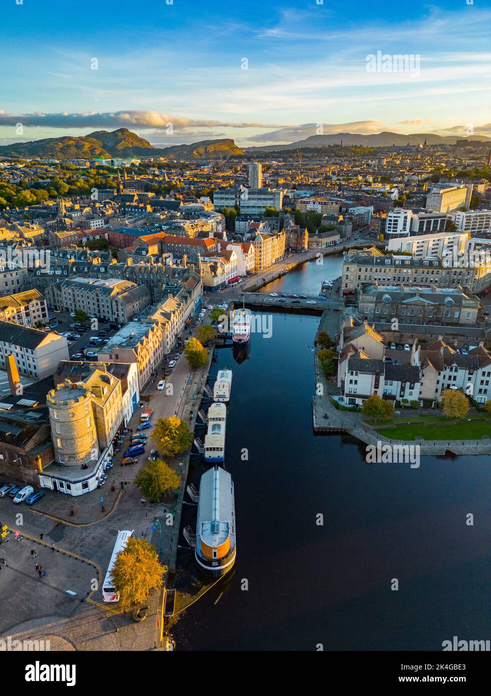 Aerial view of The Shore beside Water of Leith in Leith,  Edinburgh, Scotland, UK Stock Photo