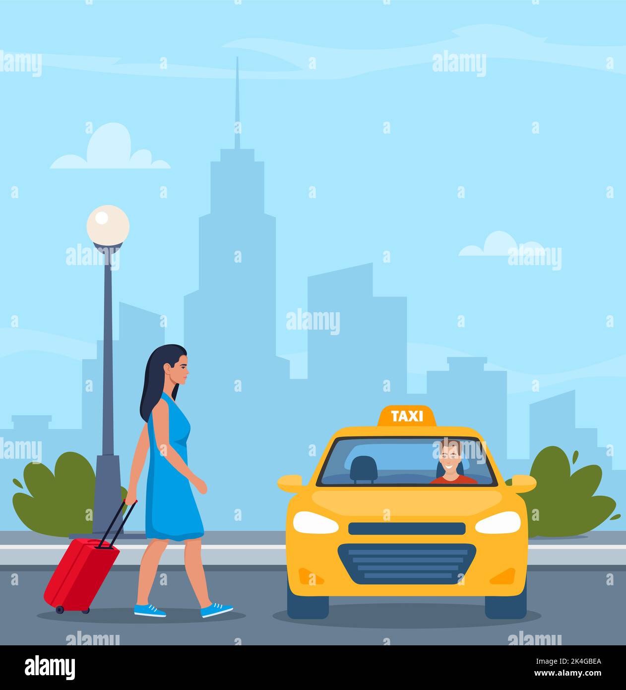Woman with a suitcase take taxi. Urban background. Yellow Taxi Car