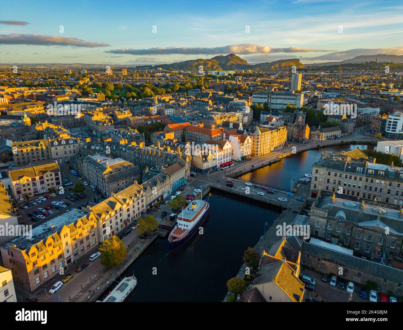 Aerial view of The Shore beside Water of Leith in Leith, Edinburgh