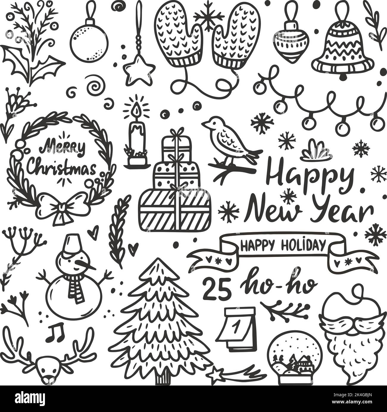 Doodle christmas isolated holiday elements. Holly xmas winter plants, present boxes and toys. Hand drawn decorations, art sketch neoteric vector clipa Stock Vector