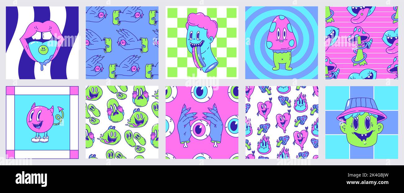 Trippy psychedelic art 70s surreal design. Weird bright seamless pattern, unusual characters posters. Acid neon elements, snugly mushroom and skull Stock Vector