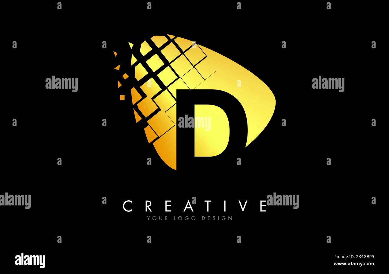 Letter D Design with golden Shattered Blocks Vector Illustration. Pixel