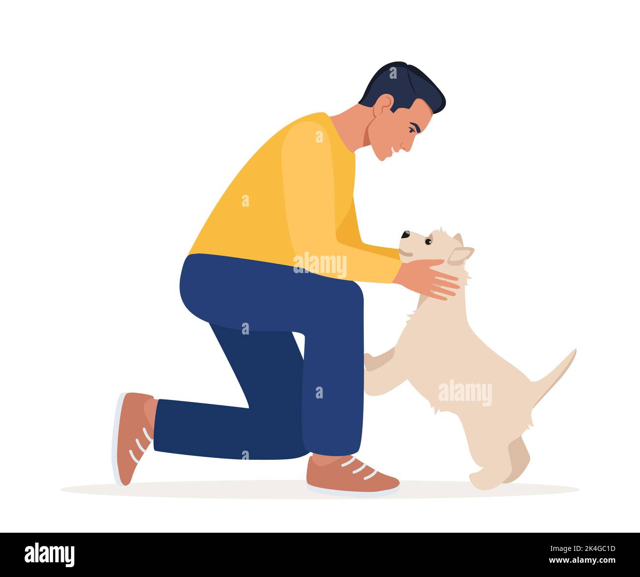 Man and cute dog joyful meeting. Warm hugs of pet owner and West Highland White Terrier. Man glad to see animal friend. Lovely funny dog. Vector illus Stock Vector