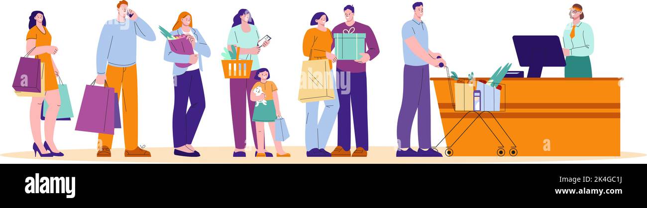 Supermarket queue to cashier, store waiting line. Lot of people shopping. Grocery shop customers with trolley, cart and bags. Kicky vector characters Stock Vector