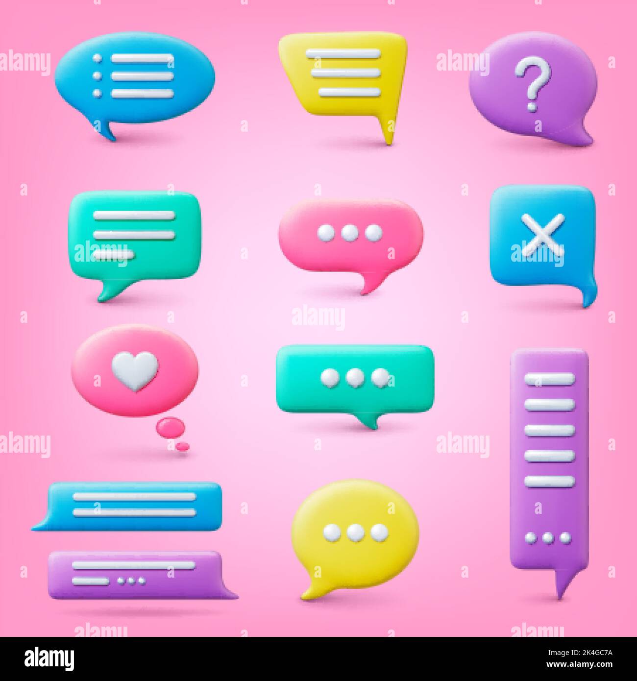 3d bubble speech. Talk message bubbles, thinking elements colorful design. Thought or feedback, chat emotional signs. Trendy conversation vector colle Stock Vector