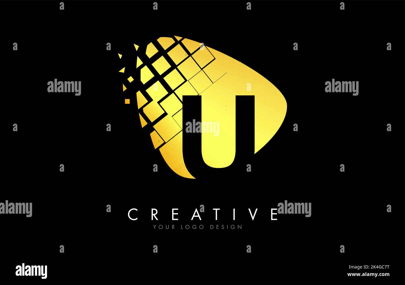 Letter U Design with golden Shattered Blocks Vector Illustration. Pixel ...