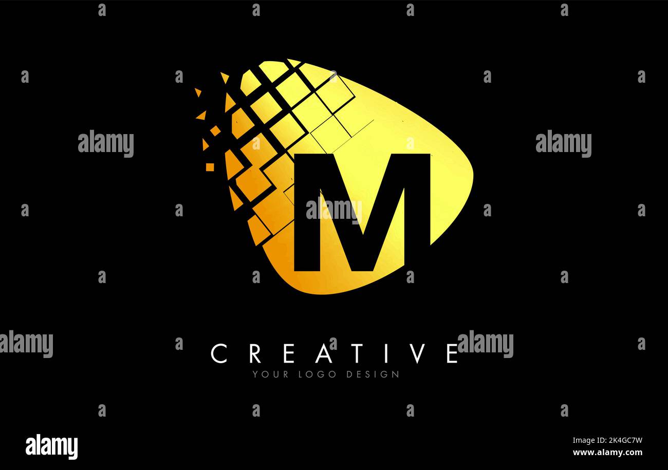 Letter M Design with golden Shattered Blocks Vector Illustration. Pixel ...