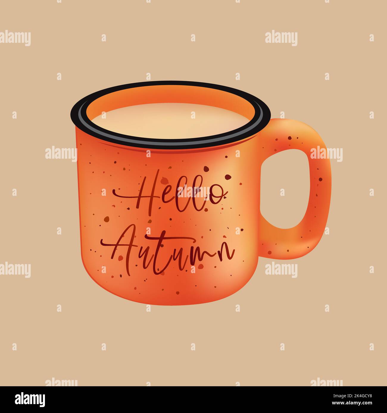 Camping metal mug with coffee and the inscription Hello Autumn Stock Vector