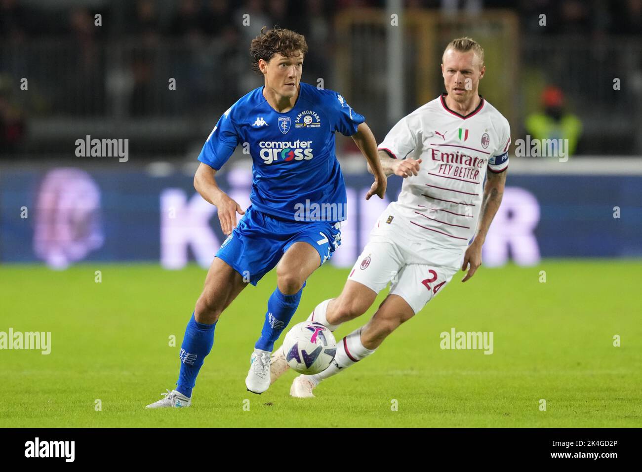 Empoli, Italy. 01st Oct, 2022. Sam Lammers of Empoli FC and Simon Kjær of AC Milan compete for the ball during the Serie A 2022/2023 football match between Empoli and AC Milan at Castellani stadium in Empoli (Italy), October 1st, 2022. Photo Paolo Nucci/Insidefoto Credit: Insidefoto di andrea staccioli/Alamy Live News Stock Photo