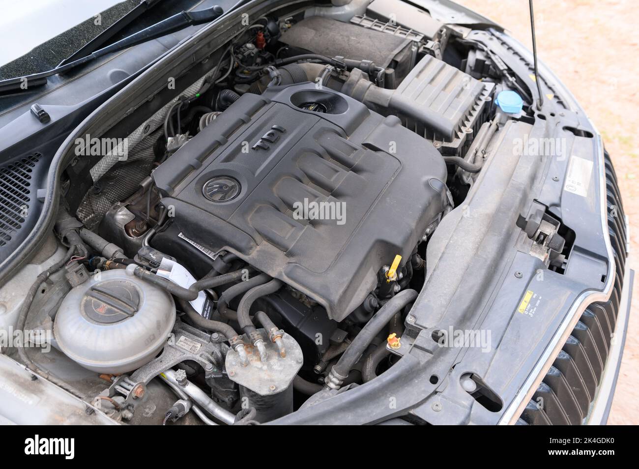 Hamburg, Germany. 07th May, 2022. A diesel engine VW EA288 in the engine compartment of a Skoda Octavia RS station wagon. Credit: Jonas Walzberg/dpa/Alamy Live News Stock Photo