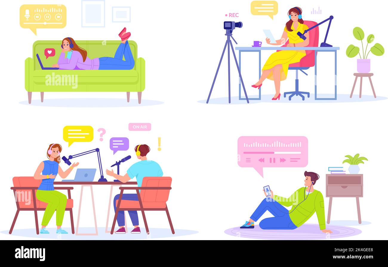 Online podcast interview. People sound communication recording online