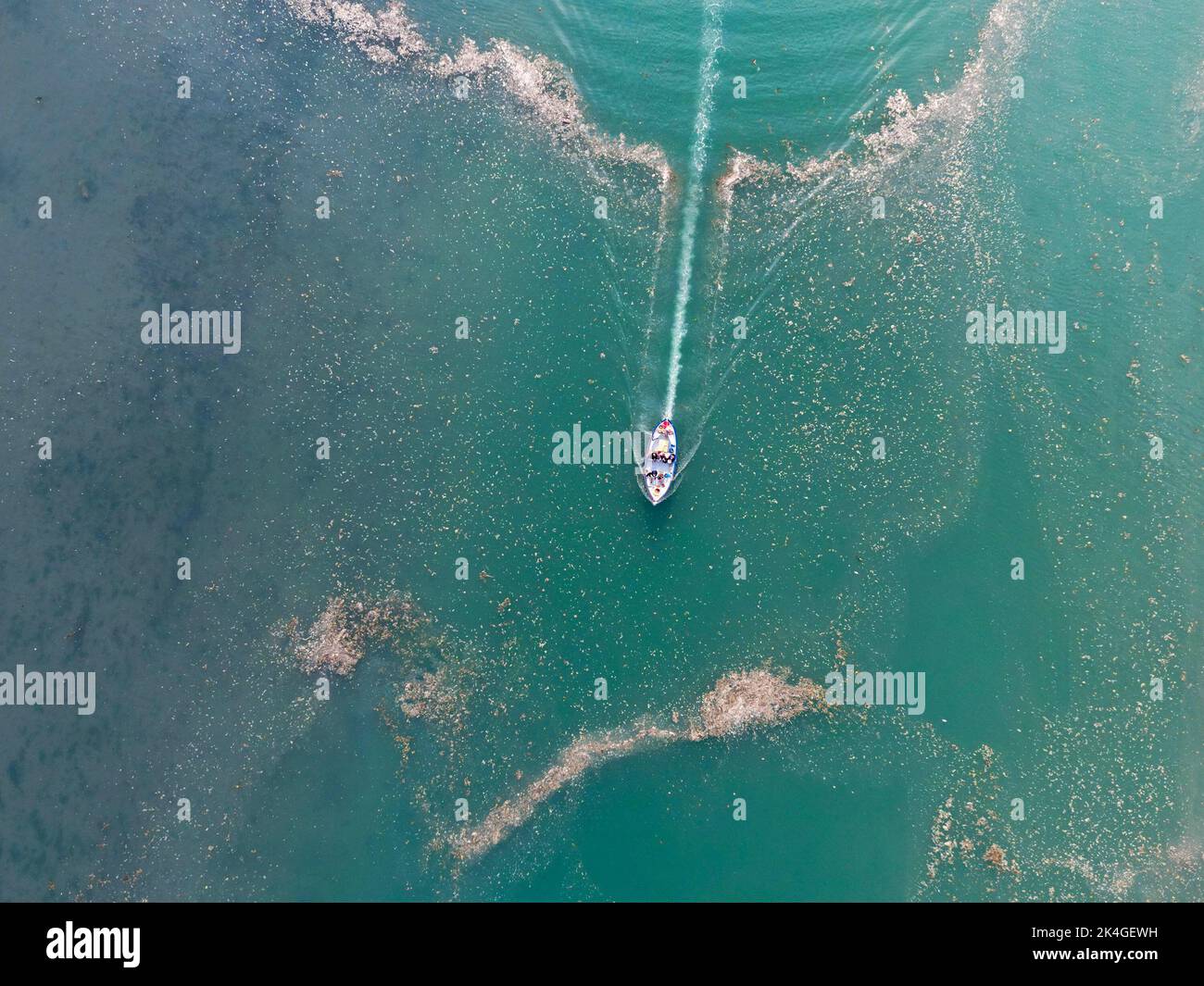 St Dogmael's, Pembrokeshire, Wales - August 2022: Overhead view of the pattern made by the wake of a small motor boat with people aboard Stock Photo