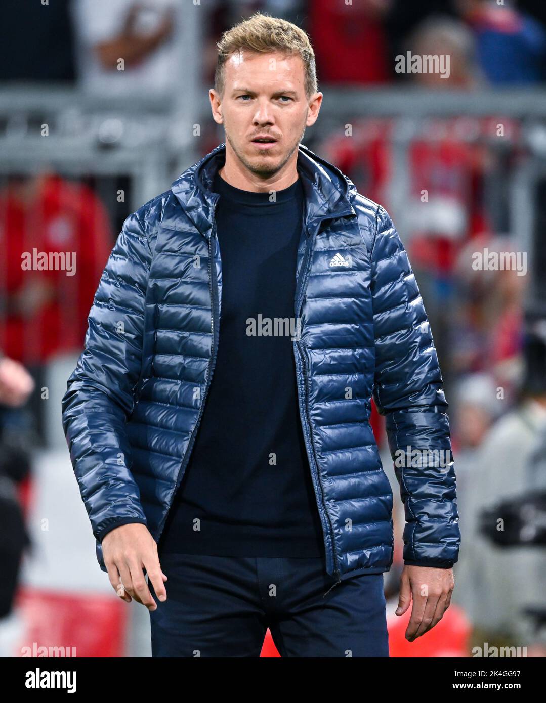 Munich, Germany. 30th Sep, 2022. Soccer: Bundesliga, Bayern Munich - Bayer Leverkusen, match day 8 at Allianz Arena. Coach Julian Nagelsmann of Munich arrives at the stadium before the match. Credit: Sven Hoppe/dpa - IMPORTANT NOTE: In accordance with the requirements of the DFL Deutsche Fußball Liga and the DFB Deutscher Fußball-Bund, it is prohibited to use or have used photographs taken in the stadium and/or of the match in the form of sequence pictures and/or video-like photo series./dpa/Alamy Live News Stock Photo