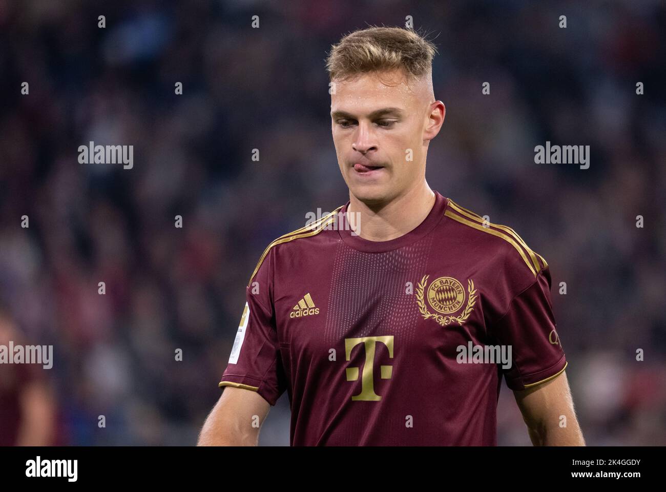 Munich, Germany. 30th Sep, 2022. Soccer: Bundesliga, Bayern Munich - Bayer Leverkusen, Matchday 8 at Allianz Arena. Joshua Kimmich of Munich is on the pitch. Credit: Sven Hoppe/dpa - IMPORTANT NOTE: In accordance with the requirements of the DFL Deutsche Fußball Liga and the DFB Deutscher Fußball-Bund, it is prohibited to use or have used photographs taken in the stadium and/or of the match in the form of sequence pictures and/or video-like photo series./dpa/Alamy Live News Stock Photo
