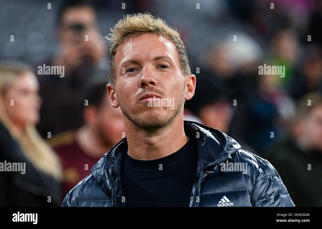 Munich, Germany. 30th Sep, 2022. Soccer: Bundesliga, Bayern Munich - Bayer Leverkusen, match day 8 at Allianz Arena. Coach Julian Nagelsmann of Munich arrives at the stadium before the match. Credit: Sven Hoppe/dpa - IMPORTANT NOTE: In accordance with the requirements of the DFL Deutsche Fußball Liga and the DFB Deutscher Fußball-Bund, it is prohibited to use or have used photographs taken in the stadium and/or of the match in the form of sequence pictures and/or video-like photo series./dpa/Alamy Live News Stock Photo