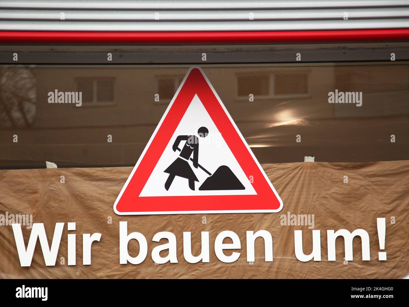 Berlin, Germany. 14th Jan, 2020. 14.01.2020, Berlin. A construction site sign can be seen in the shop window of a store during a renovation. On the sign is a pictogram showing a person wearing a skirt with his breasts drawn in. Credit: Wolfram Steinberg/dpa Credit: Wolfram Steinberg/dpa/Alamy Live News Stock Photo