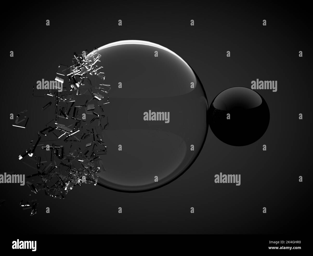 A 3D rendering of two glass balls shattering against a dark gray background Stock Photo