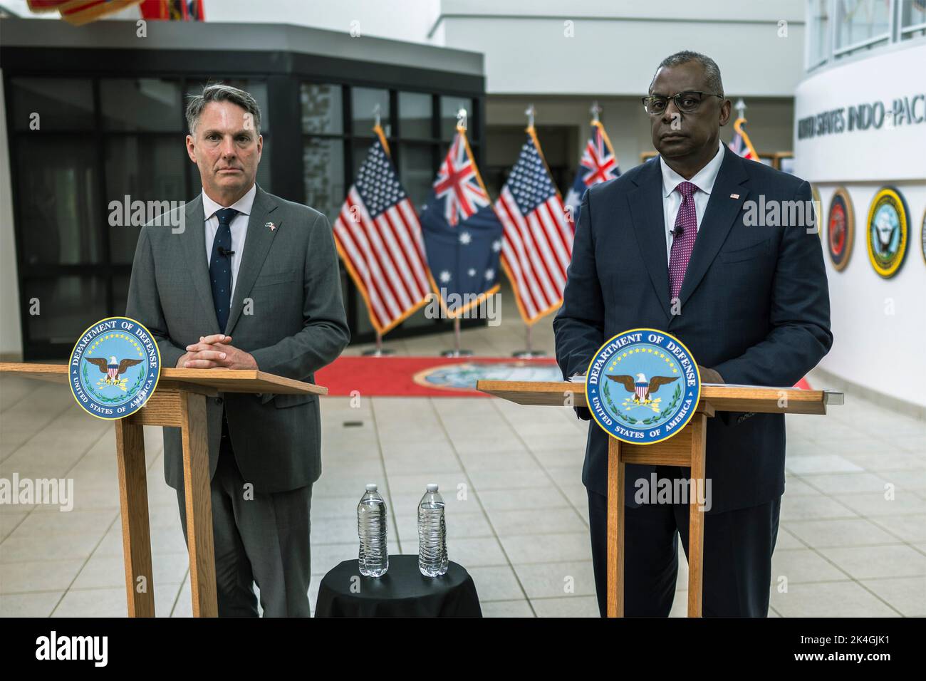 Aiea, United States Of America. 01st Oct, 2022. Aiea, United States of America. 01 October, 2022. U.S. Secretary of Defense Lloyd J. Austin III, right, listens to a question during a press conference at the conclusion of trilateral talks with Australian Minister of Defense Richard Marles, left, and Japanese Minister of Defense Yasukaza Hamada, at the Indo-Pacific Command, Camp Smith, October 1, 2022 in Aiea, Oahu, Hawaii. Credit: Chad J. McNeeley/DOD/Alamy Live News Stock Photo