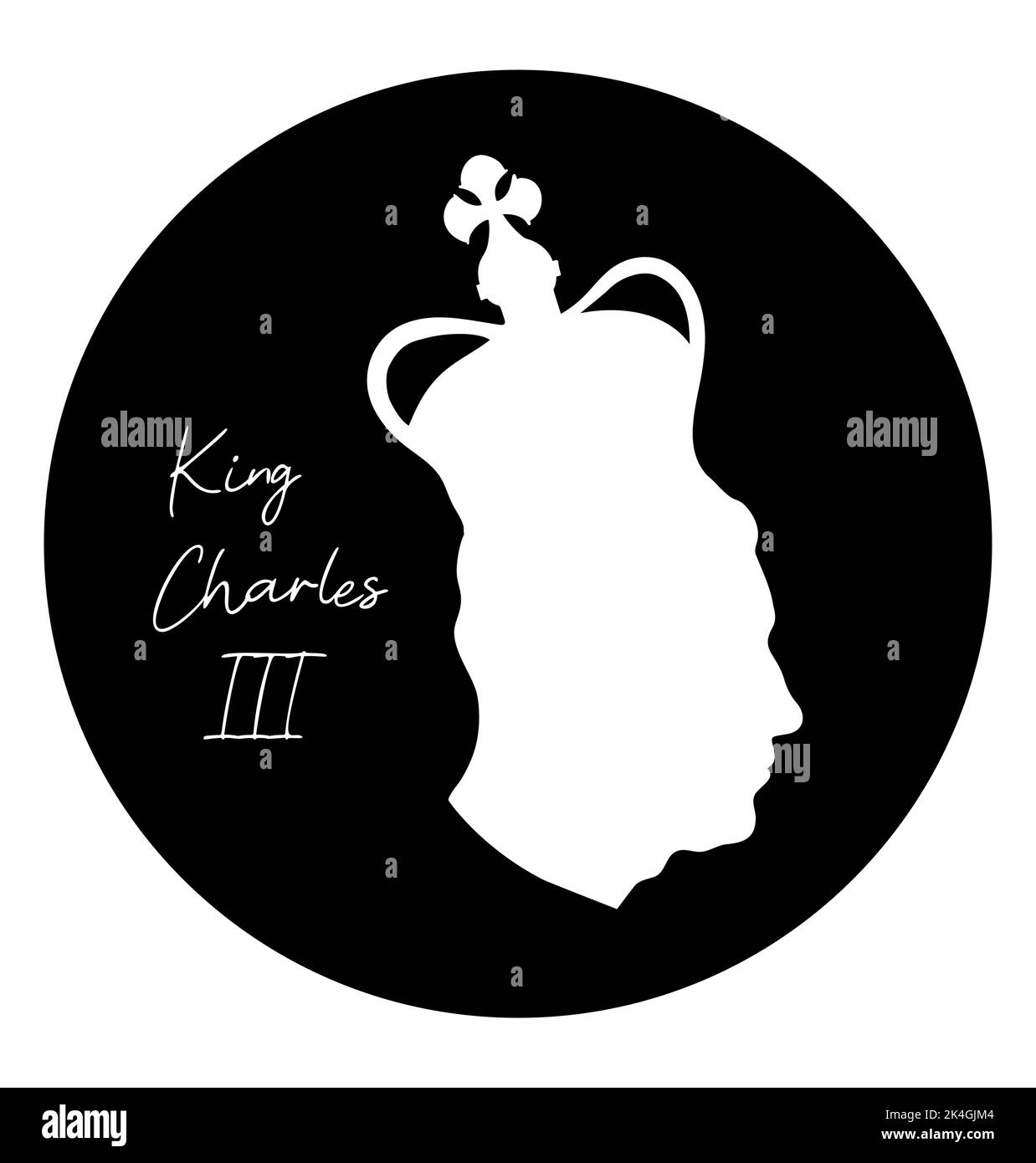 Simple portrait Silhouette of King Charles III British monarch in Crown. Head side view profile silhouette Prince of Wales. Vector. logotype for desig Stock Vector