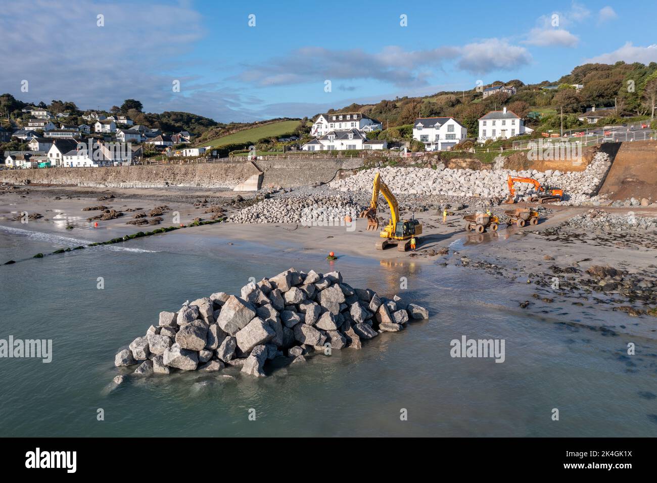 COVERACK, CORNWALL, UK - SEPTEMBER 23, 2022. Mechanical diggers on a ...