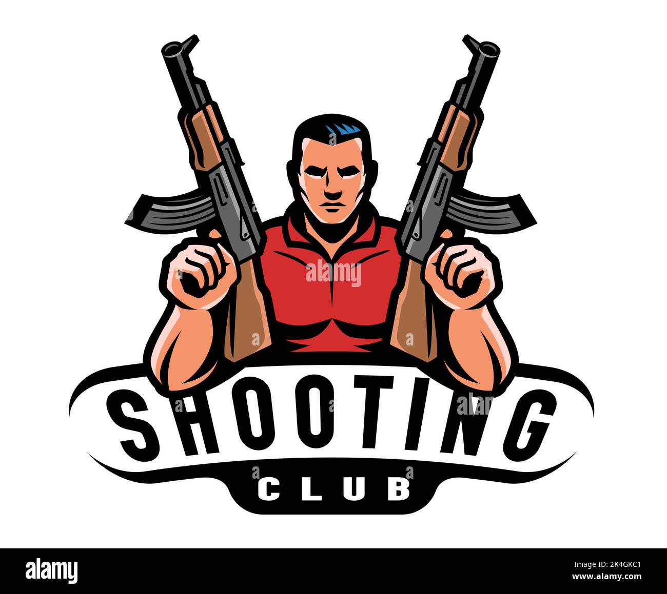 Shooting club sports logo. Man is holding an assault rifles. Active sport, gun shooting emblem. Vector illustration Stock Vector