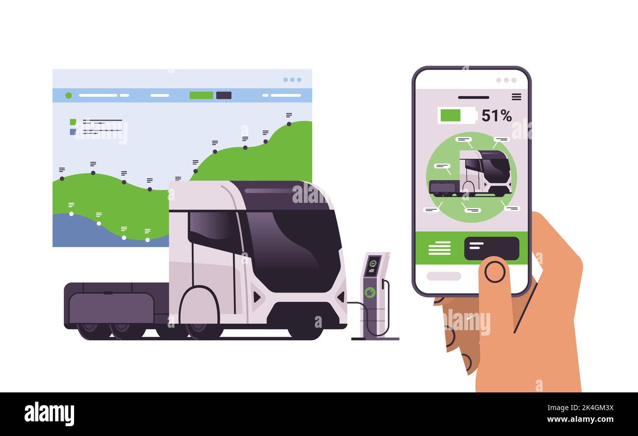 hand charging electric semi truck in mobile app battery vehicle at