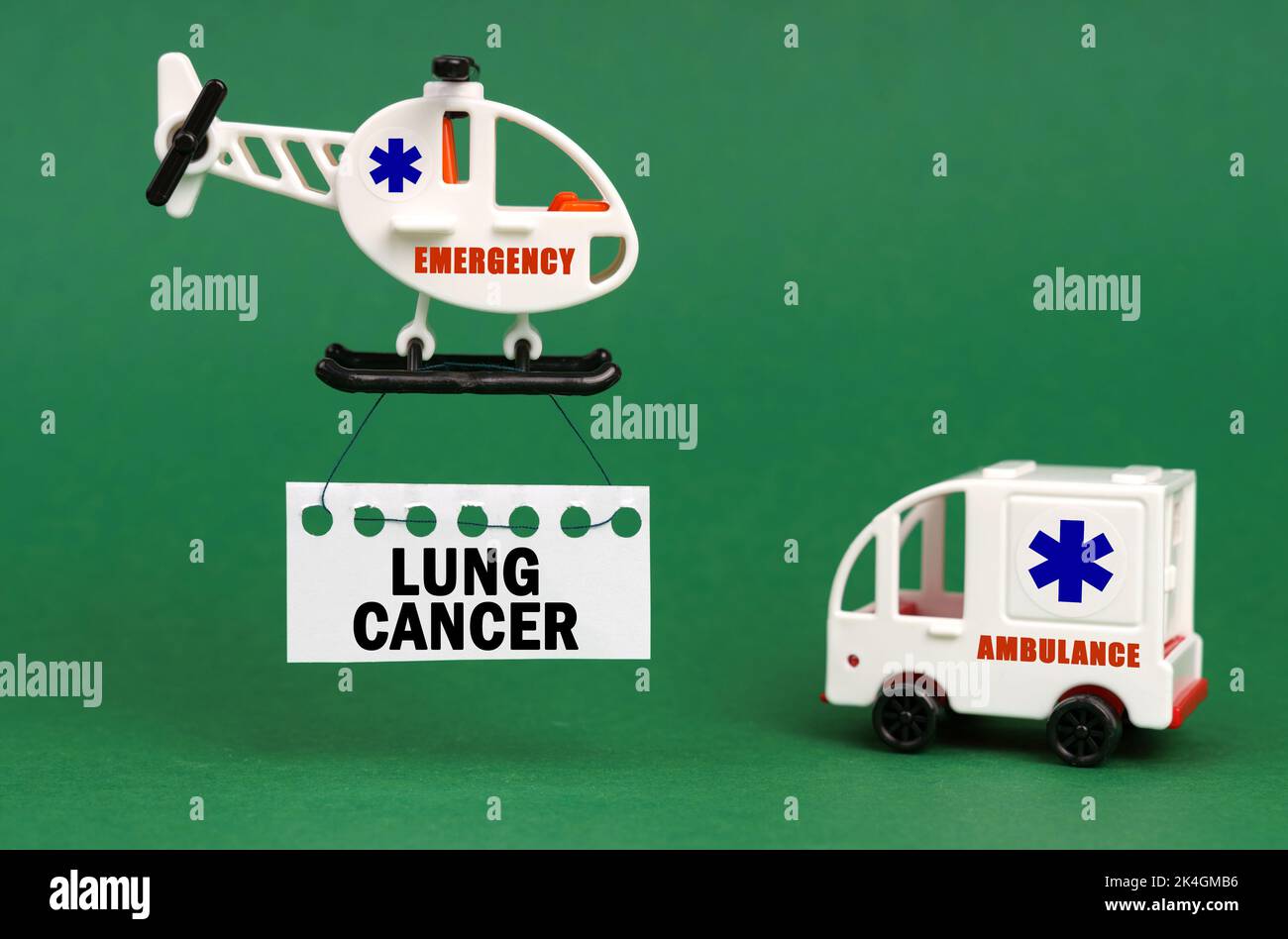 Medical concept. On a green surface, an ambulance car and a helicopter with a sign - LUNG CANCER Stock Photo