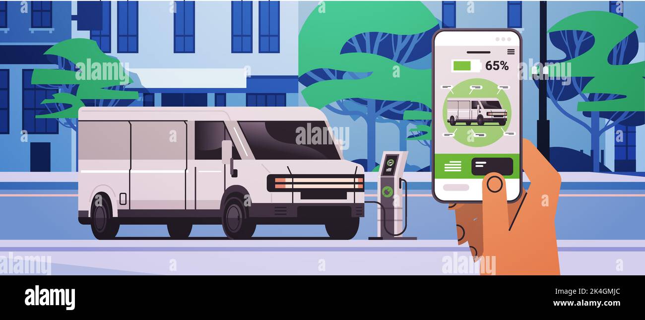 hand charging electric cargo van in mobile app battery vehicle at