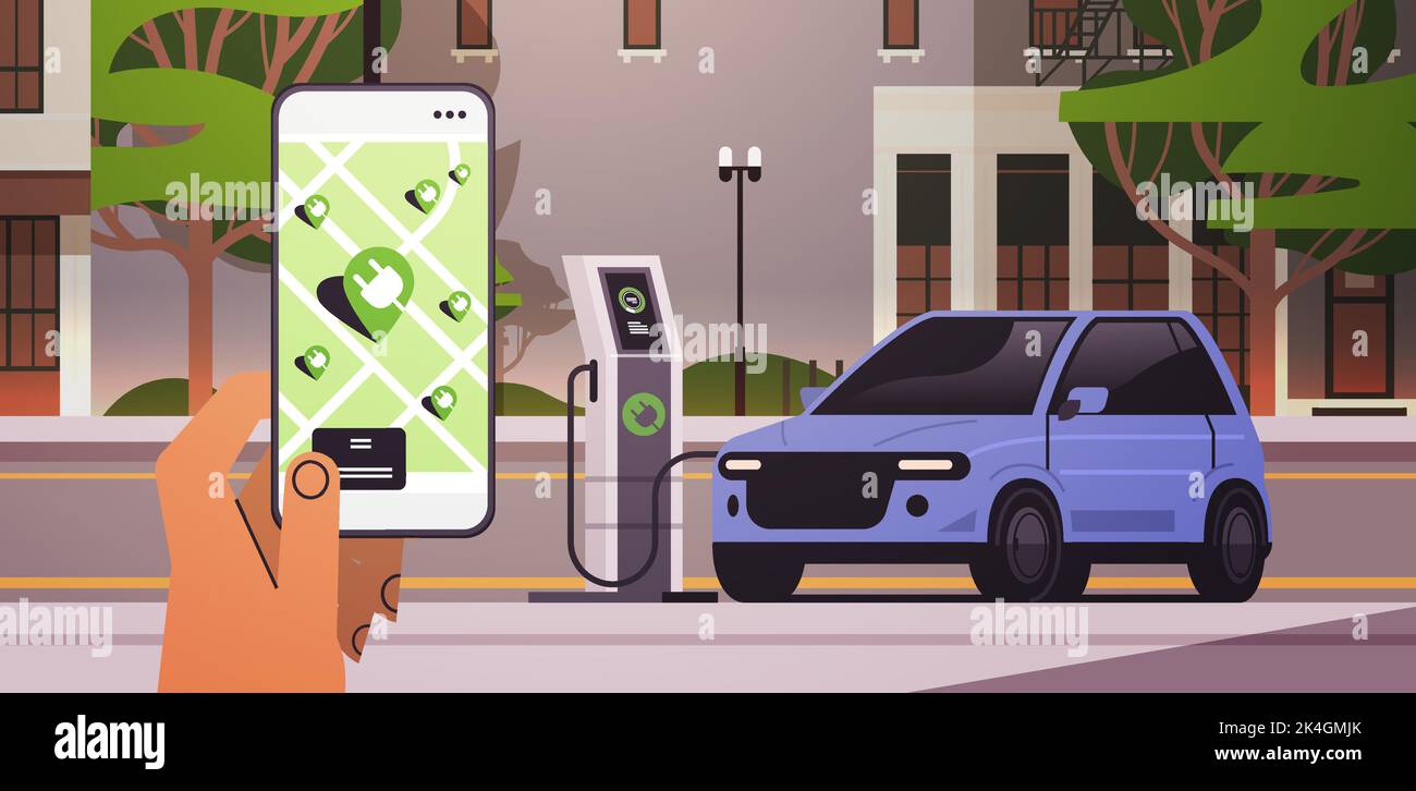 hand charging electric car in mobile app battery vehicle at recharging