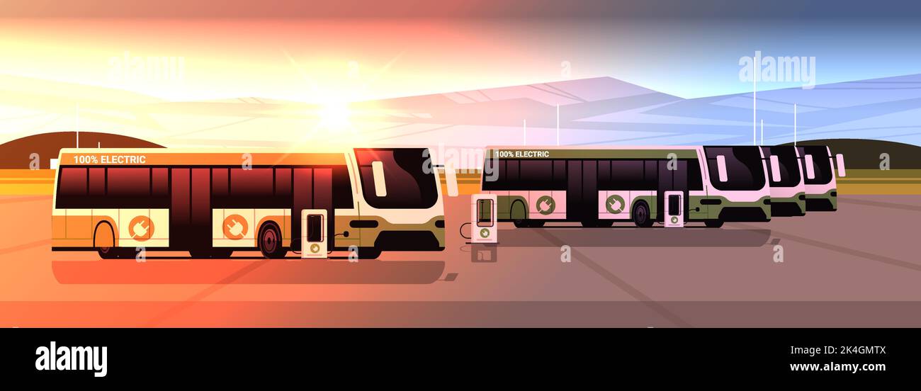 electric buses charging battery vehicles at recharging power station