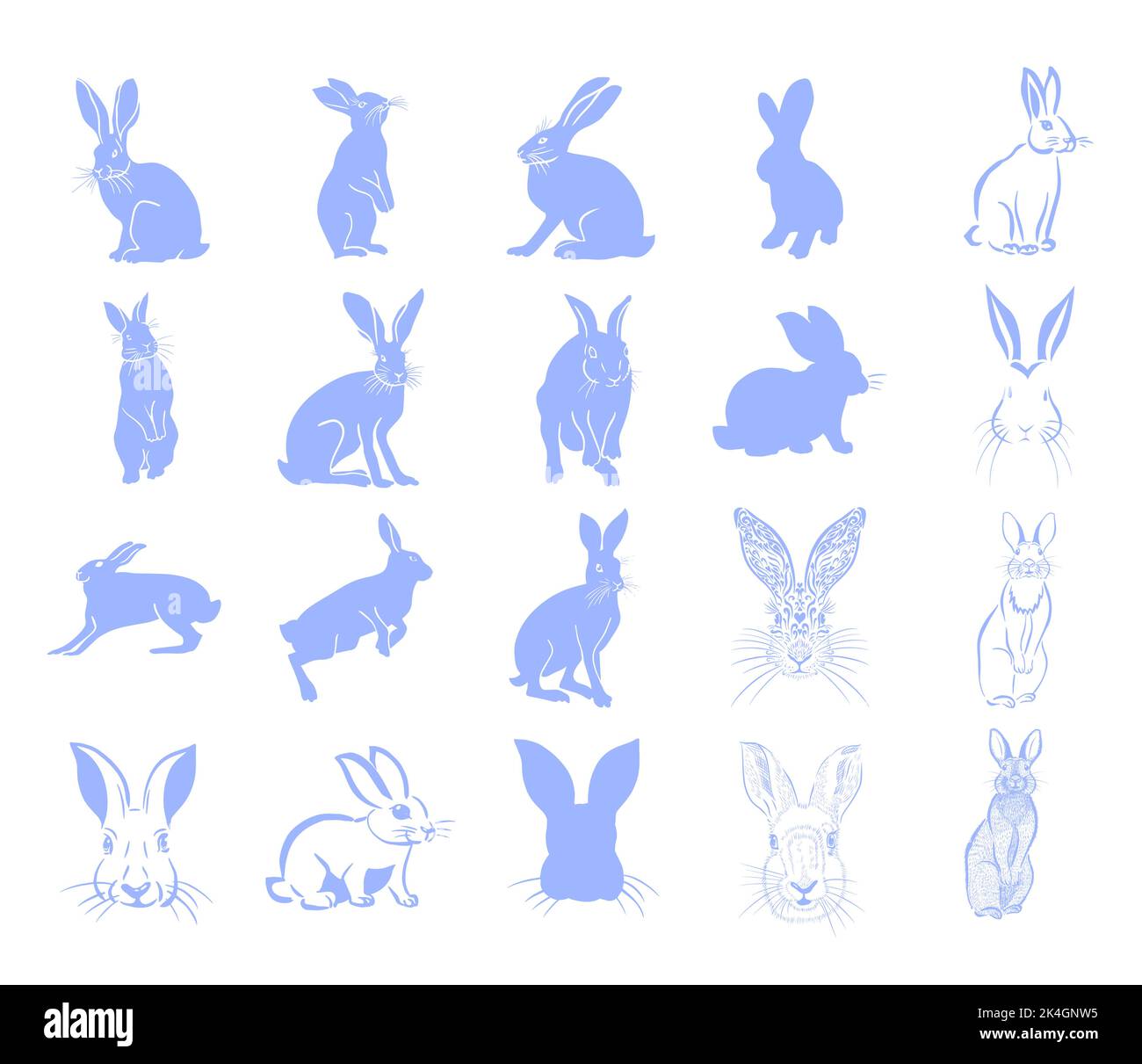 Blue silhouettes of rabbits. Vector illustration Stock Vector