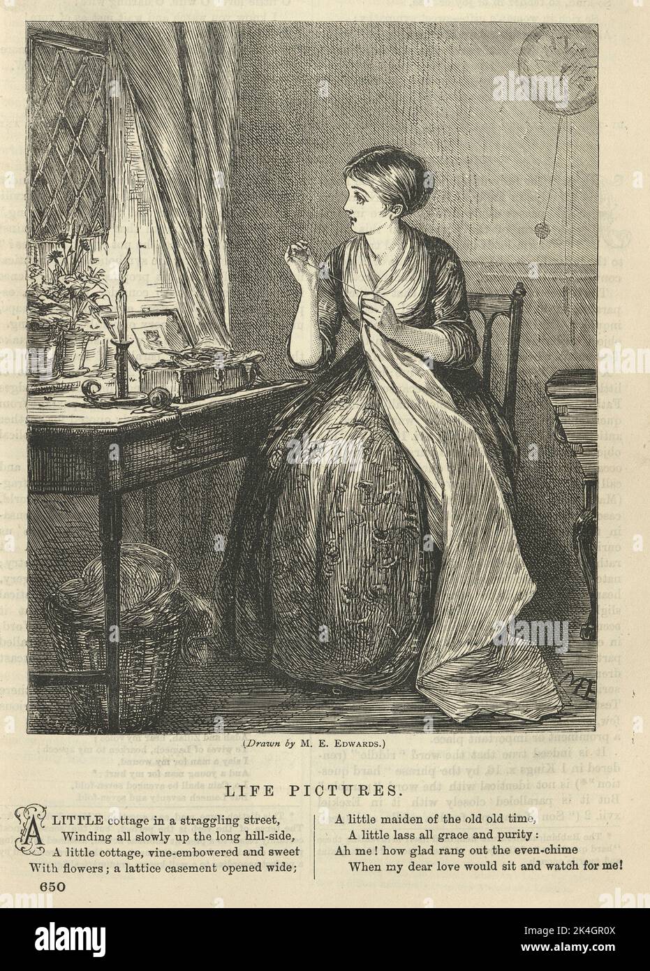 Vintage illustration Young woman sewing by candlelight, Victorian, 1870s, 19th Century. Life Pictures Stock Photo