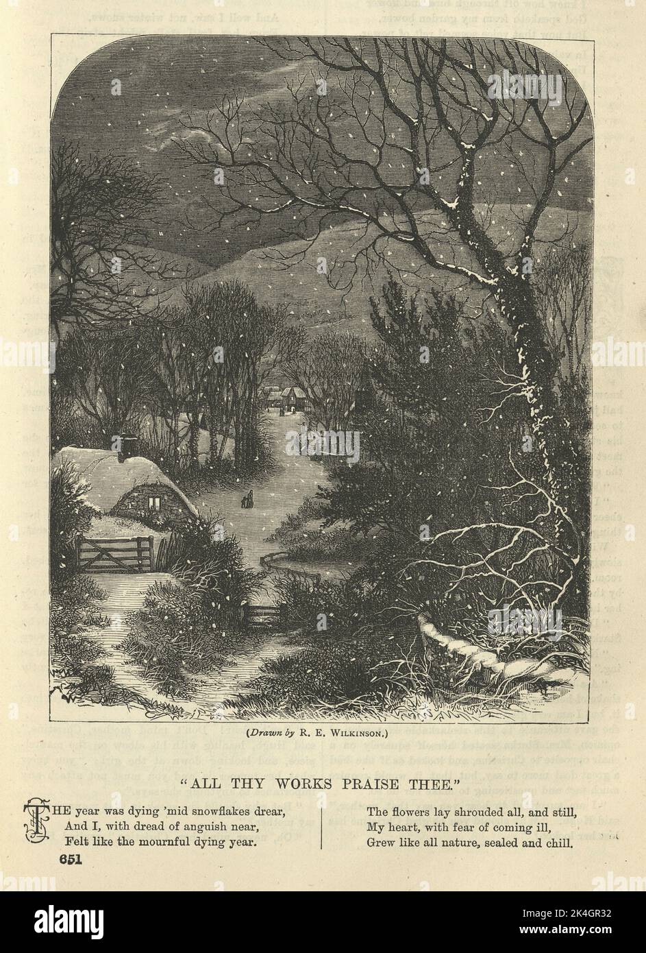 Vintage illustration Winter scene, snow falling at night, cottages, Victorian, 1870s, 19th Century. All thy works prise thee Stock Photo