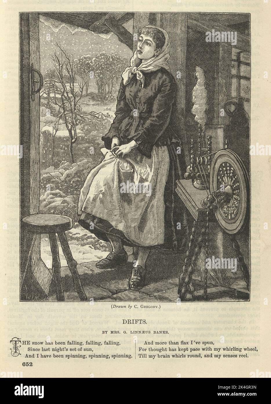 Vintage illustration Young woman taking a break from work, spinning, watching snow fall, Victorian, 1870s, 19th Century. Stock Photo