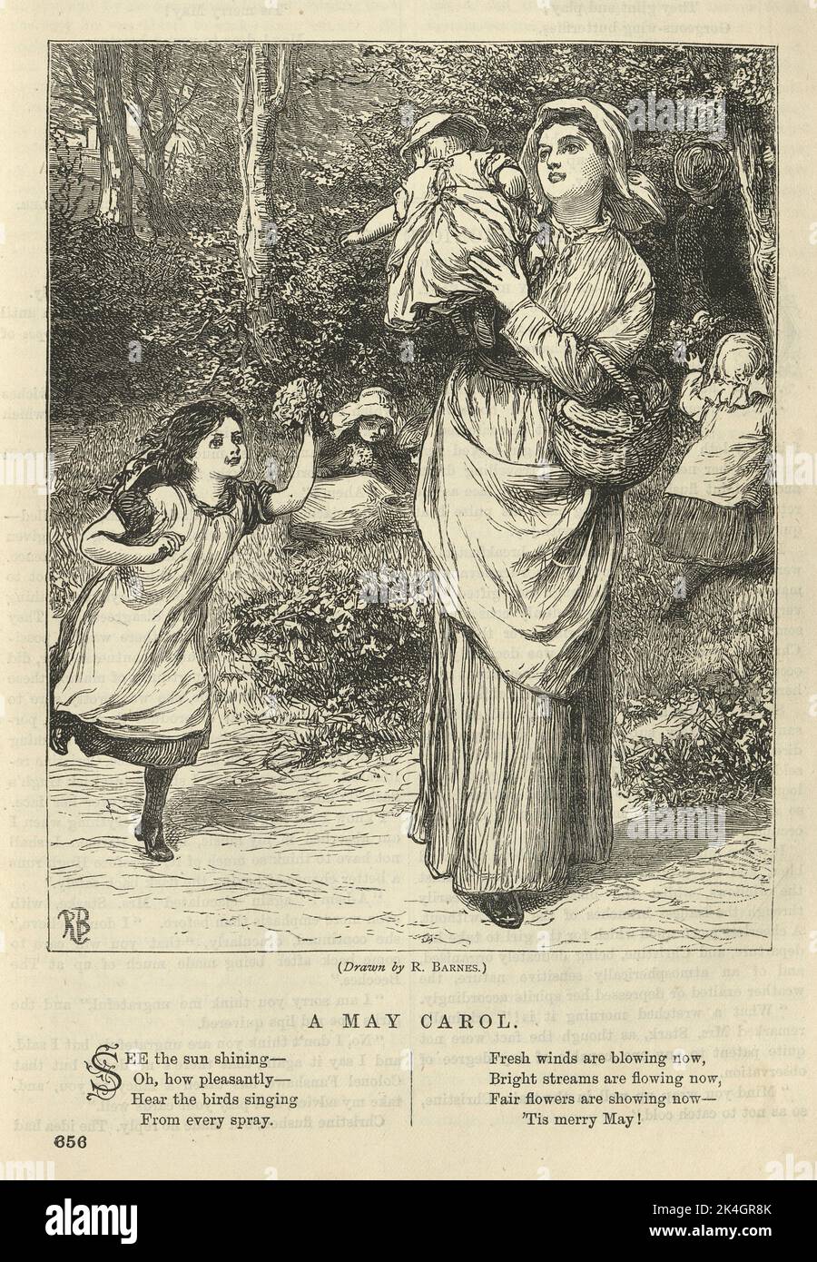 Vintage illustration, Young mother playing with her children in the woods, May Carol, Victorian, 1870s 19th Century Stock Photo
