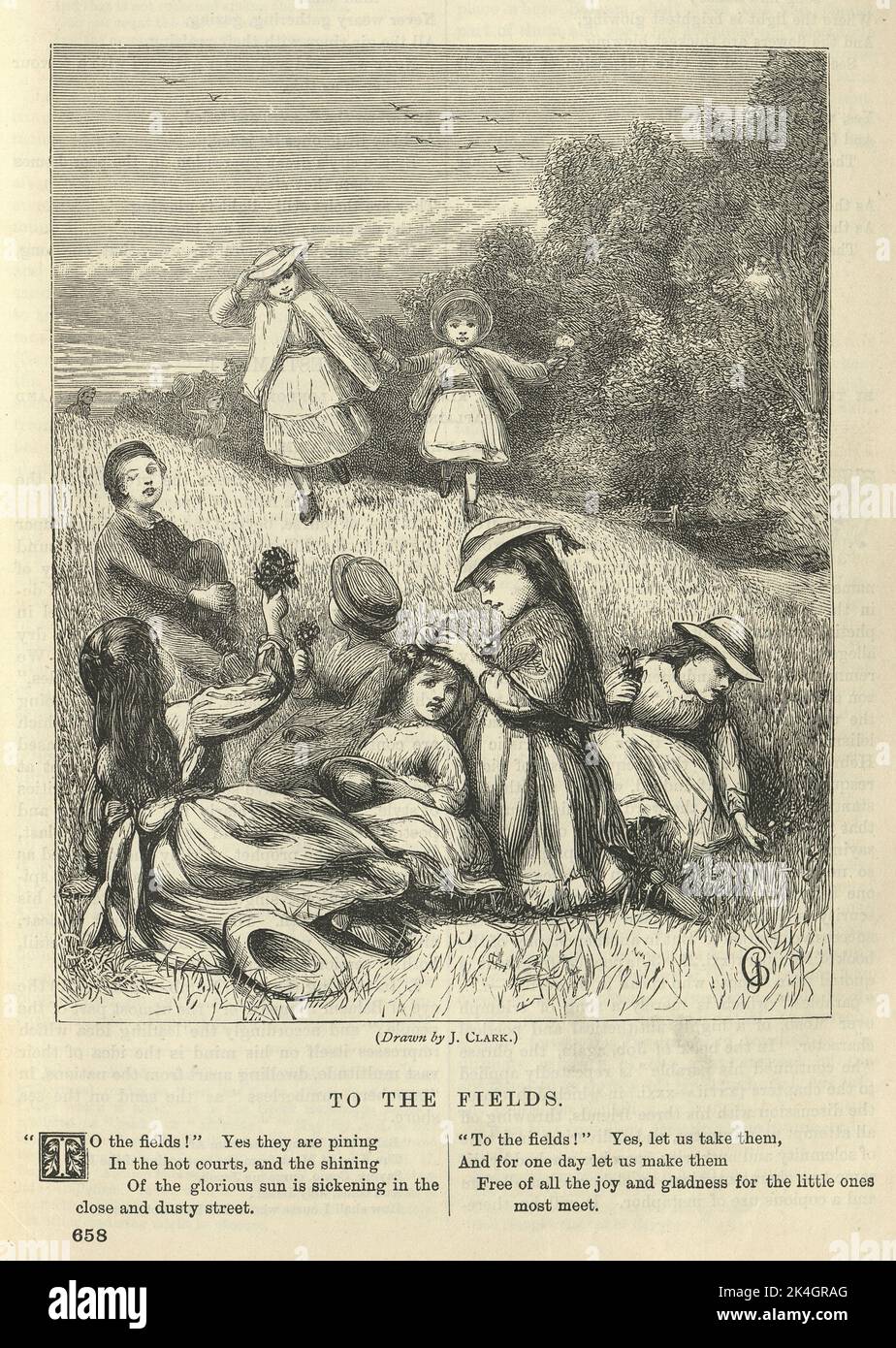 Victorian poem, to the fields, Children playing outdoors in a meadow, 1870 19th Century Stock Photo