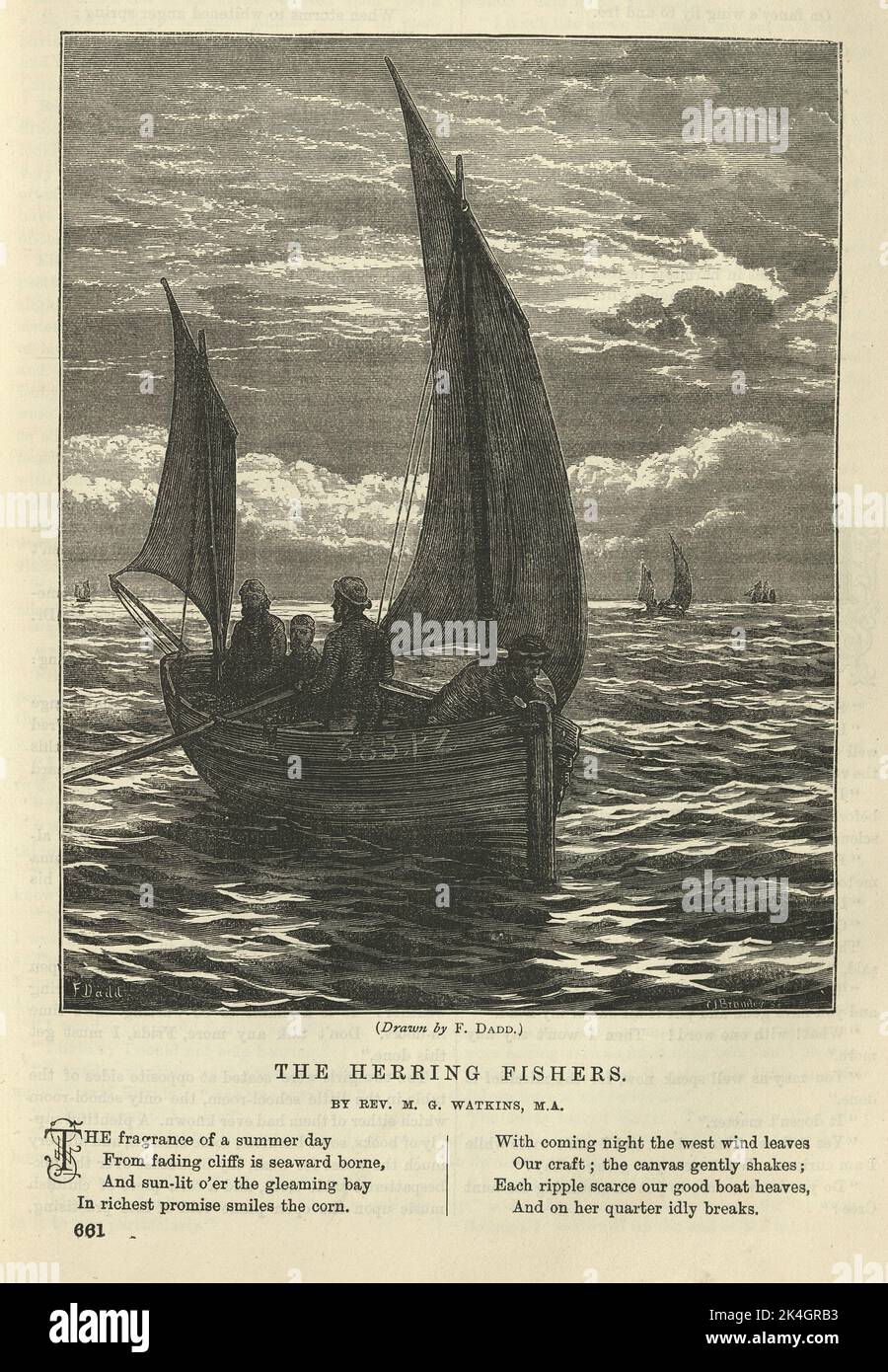 Vintage illustration, Victorian poem, The Herring fishers, fishermen, fishing boat, 1870s, 19th Century Stock Photo