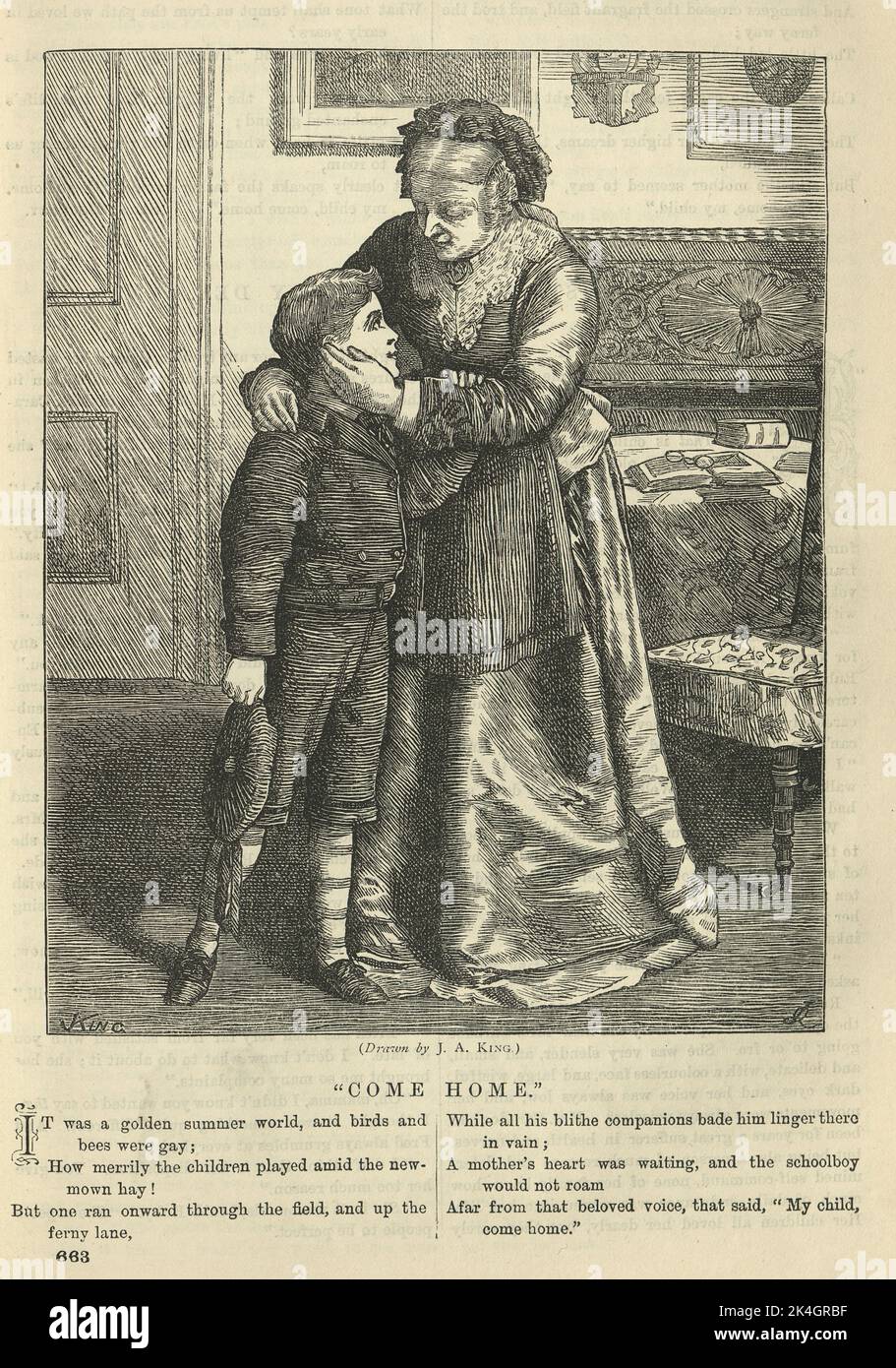 Vintage illustration, Victorian poem, Come home, boy visiting his grandma, 1870s, 19th Century Stock Photo