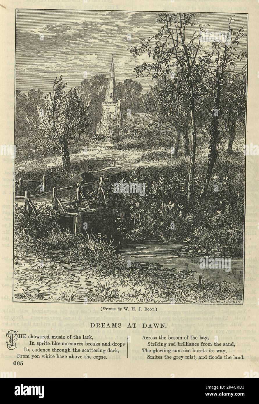 Illustrated Victorian poem, Dreams at Dawn, Meadow, Rural parish church, 1870s, 19th Century Stock Photo